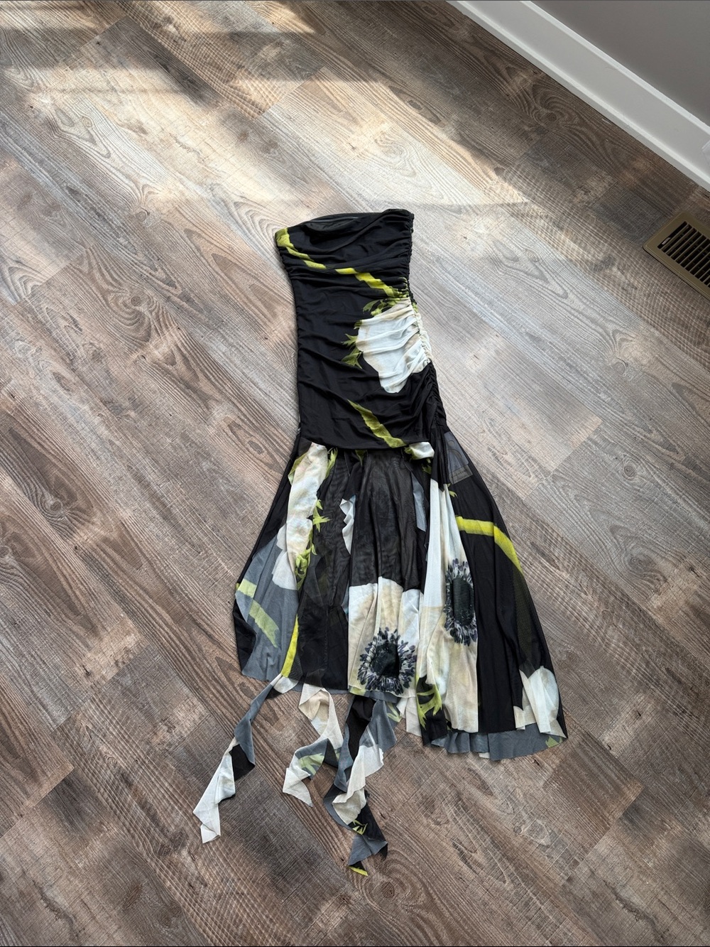 Commense Black Floral Asymmetrical Strapless Dress with Lime Accents